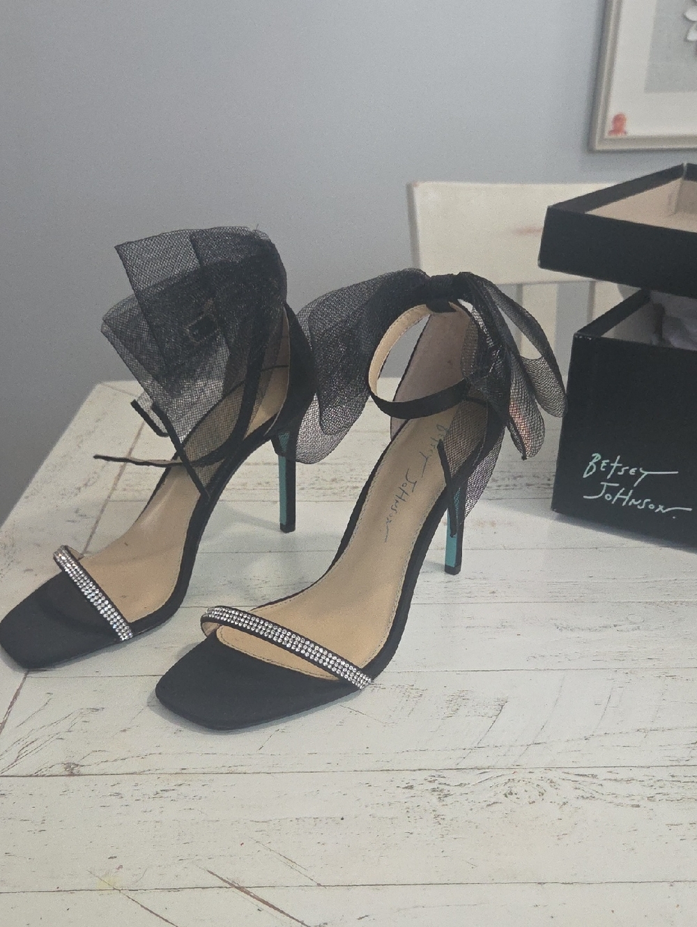 Betsey Johnson Tori Black Tulle Heels with Teal and Rhinestone Accents